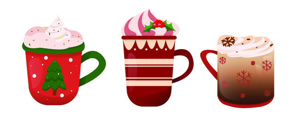 Christmas of hot drinks. Set of winter holiday christmas cup. Cocoa with marshmallows, winter warming drinks and a cup of hot espresso. Vector illustration