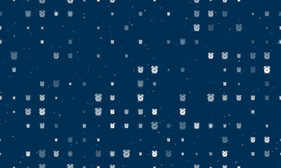 Seamless background pattern of evenly spaced white alarm clock symbols of different sizes and opacity. Vector illustration on dark blue background with stars