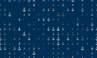 Naklejka na ściany i meble Seamless background pattern of evenly spaced white sea anchor symbols of different sizes and opacity. Vector illustration on dark blue background with stars