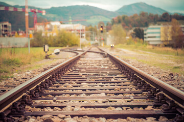 Abandoned railroad track. Close up of rails and timber planks