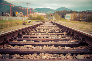 Abandoned railroad track. Close up of rails and timber planks