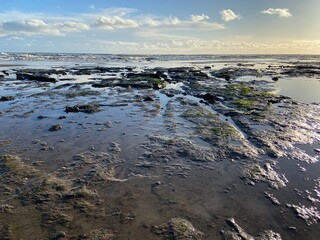 Fototapeta na wymiar Pett Level Beach at Sunset. With pool of sea ocean water and rocks in foreground. Winchelsea Beach meets the cliffs a petrified forest visible at low tide, on the South coast of England East Sussex UK