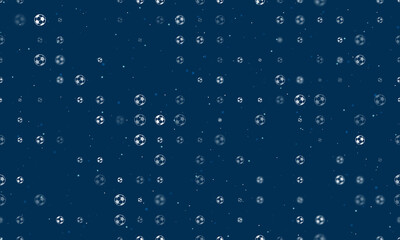 Seamless background pattern of evenly spaced white football symbols of different sizes and opacity. Vector illustration on dark blue background with stars