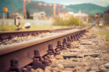 Abandoned railroad track. Close up of rails and timber planks