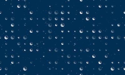 Seamless background pattern of evenly spaced white yin yang symbols of different sizes and opacity. Vector illustration on dark blue background with stars