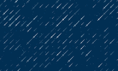 Seamless background pattern of evenly spaced white sword symbols of different sizes and opacity. Vector illustration on dark blue background with stars