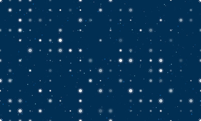Seamless background pattern of evenly spaced white suns of different sizes and opacity. Vector illustration on dark blue background with stars