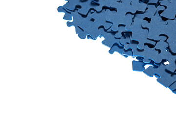 blue puzzles on a white background, a lot of puzzle pieces, small pieces of a large puzzle, add a picture