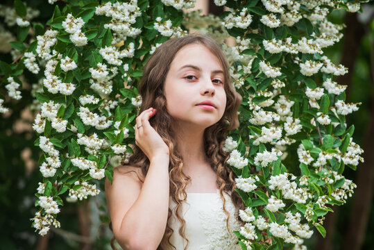 That day. spring blooming tree. summer nature. female hairdresser fashion. small girl with long curly hair. little beauty in white dress. wedding angel kid. child enjoy jasmine flower in park