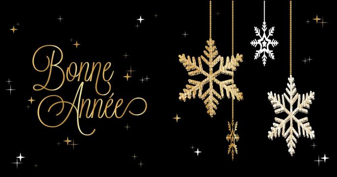 Happy New Year celebration card with moving snowflake for mailing, web invitation, greeting cards&hellip; animation vector design. Black background and  french text : BONNE ANNEE