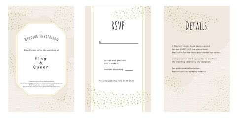 Fototapeta na wymiar 結婚式招待状セット、タイトル、rsvp、details、テンプレート、レース、ゴールドのドットのエレガントなカード