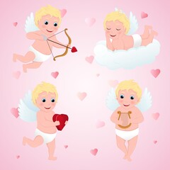 Cute Cupid character set in different poses. Happy Valentine's Day. Vector illustration
