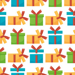 Gift boxes seamless pattern Pattern gift box for fabric print, wrapping packag gift box paper in luxury colors with bows