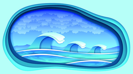 Abstract Paper Cut Sea Ocean Wave Splash Water Clouds On Blue Background Vector Design Style