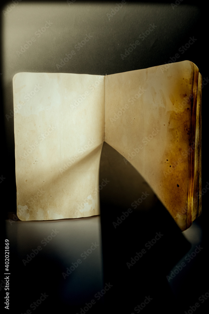 Poster a vertical shot of an old wethered blank dairy notebook with a sharp knife tip pointing on it