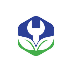 Wrench leaf vector logo design template. Repair service leaf nature logo design.