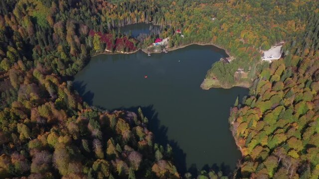 A drone view of the lake and green nature which is fascinating. As additional information, the name of this lake is Karagol and it is located in Artvin/Turkey