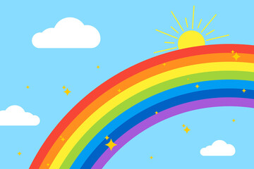 Rainbow background. Sky with rainbow, clouds, sun and stars. Isolated on light blue background. Vector illustration.