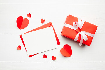 Valentine's day greeting card mockup, flat lay, top view