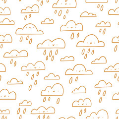 Golden outline happy clouds, rainy weather, vector pattern illustration