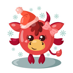 Funny cute kawaii cow with Christmas hat and round body surroundet by snowflakes in flat design with shadows. Isolated winter holiday vector illustration