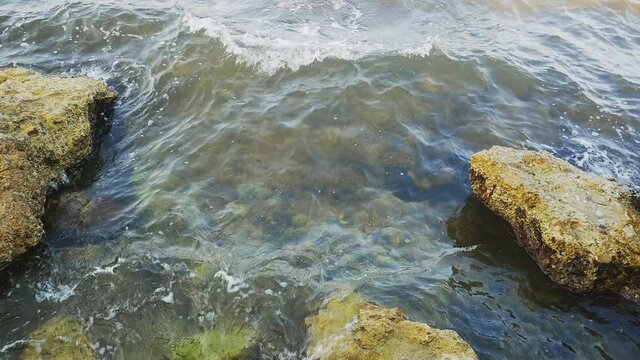 Sea waves break on dangerous rocks on the seashore. Clean foamy water on a stones