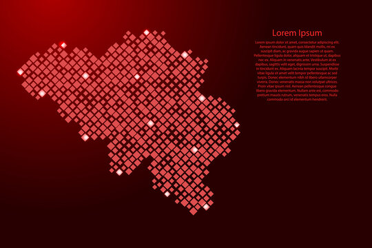 Belgium map from red pattern rhombuses of different sizes and glowing space stars grid. Vector illustration.