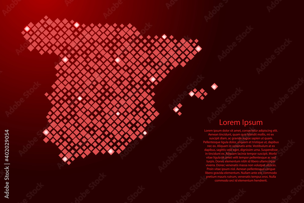 Aufkleber spain map from red pattern rhombuses of different sizes and glowing space stars grid. vector illustr