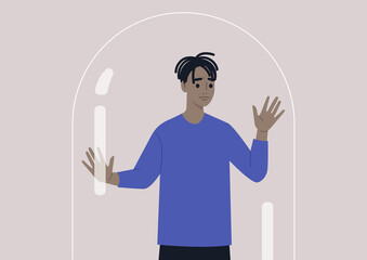 Social distancing concept, a young male worried Black character leaning on the glass dome wall, depression and mental health issues