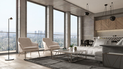 Fototapeta na wymiar Minimalist Interior of modern living room 3D rendering