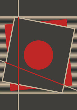 Art print contemporary poster with circle and frame for wall decoration, placard, brochure cover. Decoration vintage cover. Vintage, retro art. Interior decoration. Wall art. Red and black