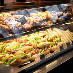 Sandwiches and pastries are stuffed for sale in a shop window.