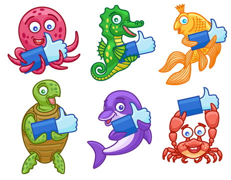 Isolated sea animal characters that hold like signs.