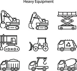 Construction machinery. Heavy road equipment trucks, forklifts and tractors, excavation crane truck isolated vector illustration set. Equipment transportation construction, heavy equipment icons