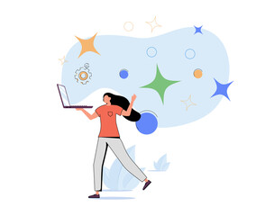 Young woman is walking with a laptop with flying abstract shapes. Concept of mobility, telework, internet accessibility and modern media. Study online.