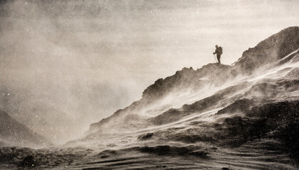 Winter snow blizzard in the mountains. A tourist on the ridge during the blowing foehn wind in Poland and Slovakia called Halny.