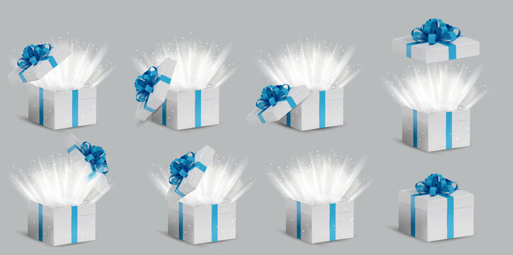 Collection Gift white box in a blue ribbon and bow on top. Opened and closed Holiday box with sparkles inside and bright rays of light. Celebration decoration objects. Vector illustration.