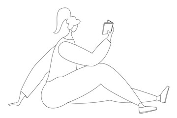 A woman is sitting on the floor and reading a book. Vector in line style. Isolated on white.