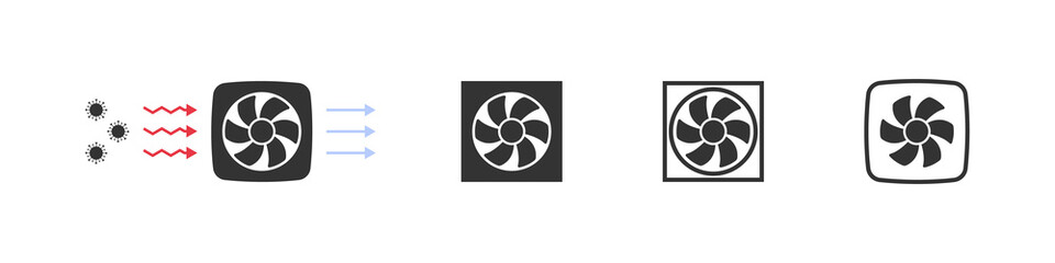 Air Purifier icons. Concept icons. Air recirculation stay safe from virus COVID. Bactericidal air recirculation irradiator. Vector illustration