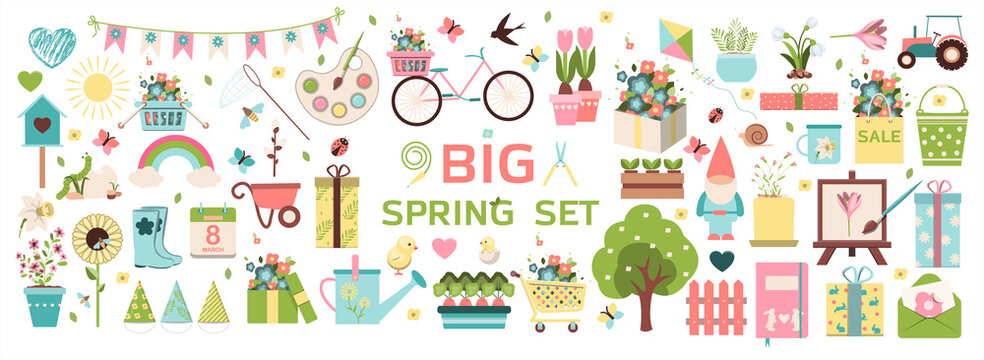 Big spring set. Vector garden tools, flowers. Flat design. Cute icons for a website, app, sale, or ad. Birds, plants, insects and Easter items