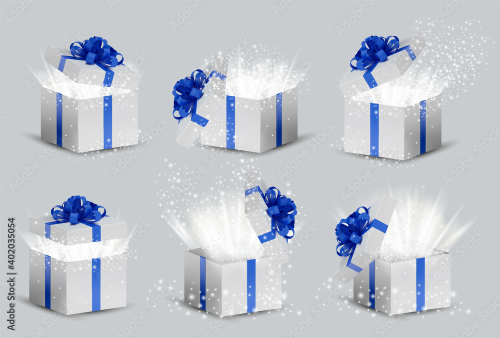 Wall mural Collection White box in a blue ribbon and bow on top. Opened Holiday box with glowing glitter sparkles and bright rays of light inside. Celebration decoration objects. Vector illustration