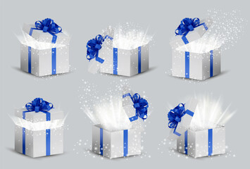 Collection White box in a blue ribbon and bow on top. Opened Holiday box with glowing glitter sparkles and bright rays of light inside. Celebration decoration objects. Vector illustration