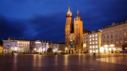 Fototapeta na wymiar Night cityscape of Krakow, Poland, Main Market Square with Saint Marys Church