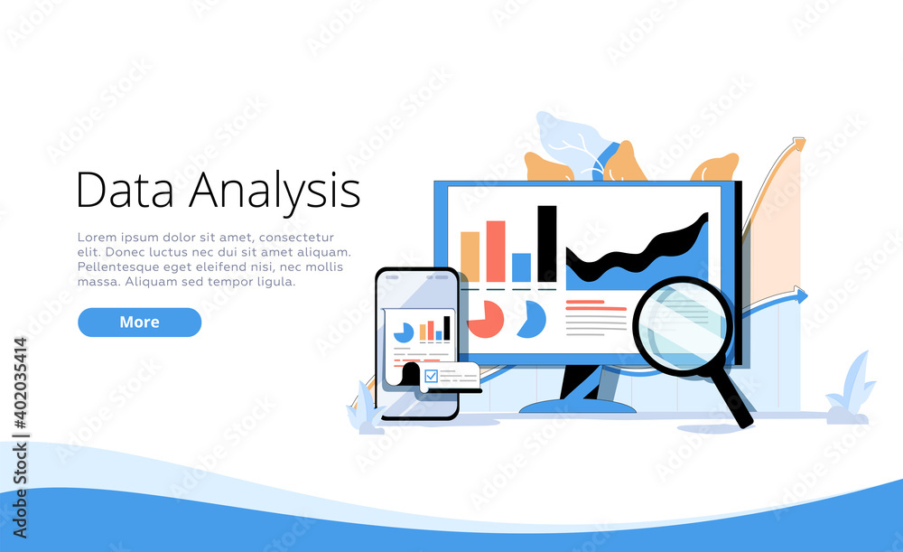 Poster landing page template with man and woman with magnifying glass analyzing diagrams and graphs. concep