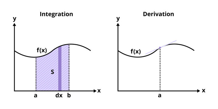 Vector set of graphs with the demonstration of integration and derivation, integral and derivative. Curve with the marked point and area under the curve. Tangent line, function, and chart isolated.