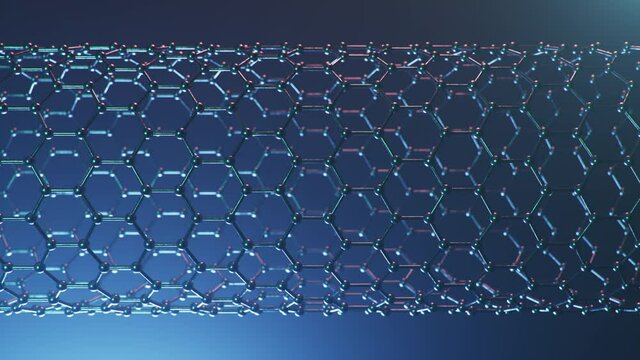 Structure of the graphene or carbon surface, abstract nanotechnology hexagonal geometric form close-up, concept graphene atomic structure, concept graphene molecular structure, 4K loop 3D animation
