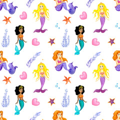 isolated watercolor pattern with mermaids