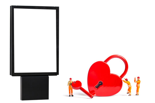 blank billboard with miniature workers and heart shape padlock isolated on white background.