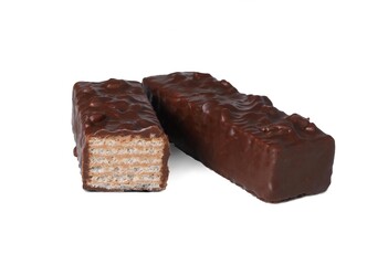 Delicious chocolate bar with wafer. Isolated on white background. Milky waffle, crispy and sweet snack