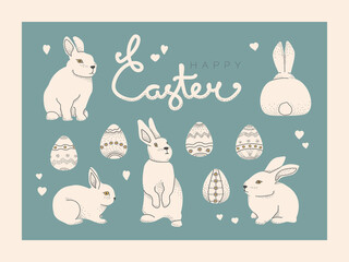 Set of Easter concept elements. Happy easter lettering, rabbit or bunny and easter decorative eggs. Vector flat illustrations for design, postcards, prints. Blue and white colors.